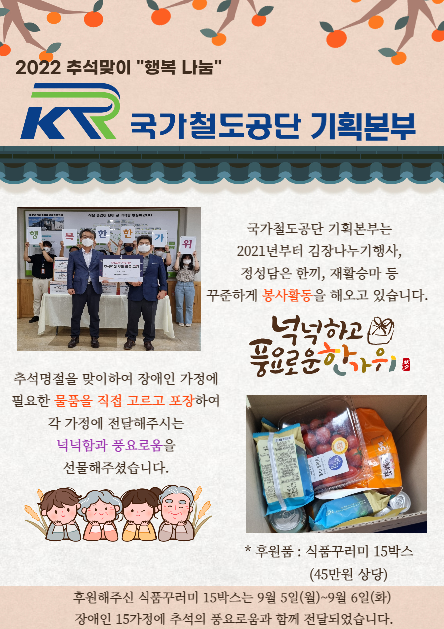 [후원업체]2022 추석맞이 "행복나눔" 후원단체 국가철도공단 후원 및 봉사의 신! 지금 소개합니다.